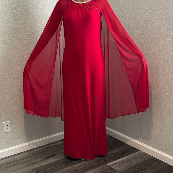 RM Richards NY Long Ity Dress W/ Rhinestone Neck  Caplet sheer sleeves - Picture 3 of 9